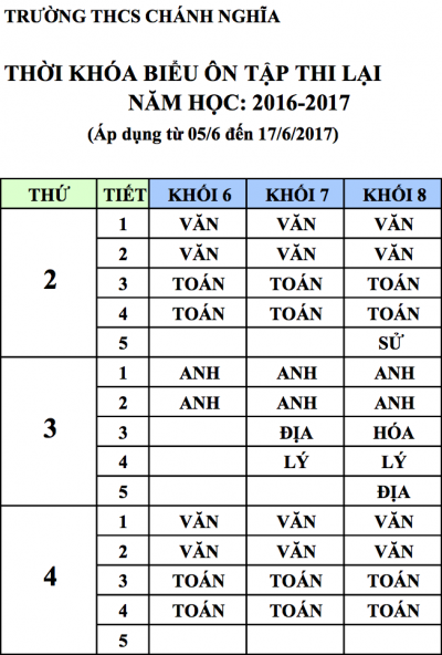 Lịch ôn tập và thi lại 2016-2017