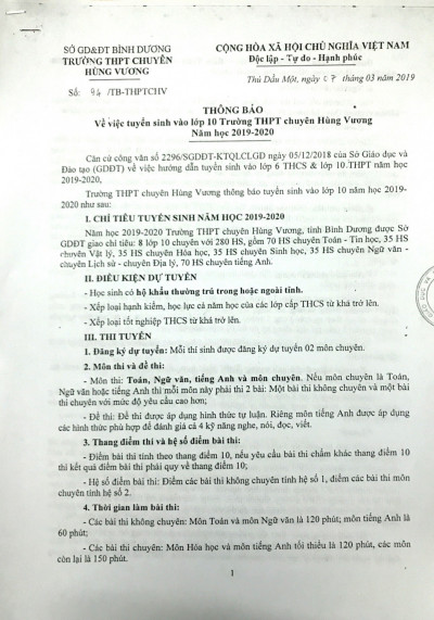 Tuyển sinh lớp 10 trường THPT chuyên Hùng Vương năm học 2018 - 2019