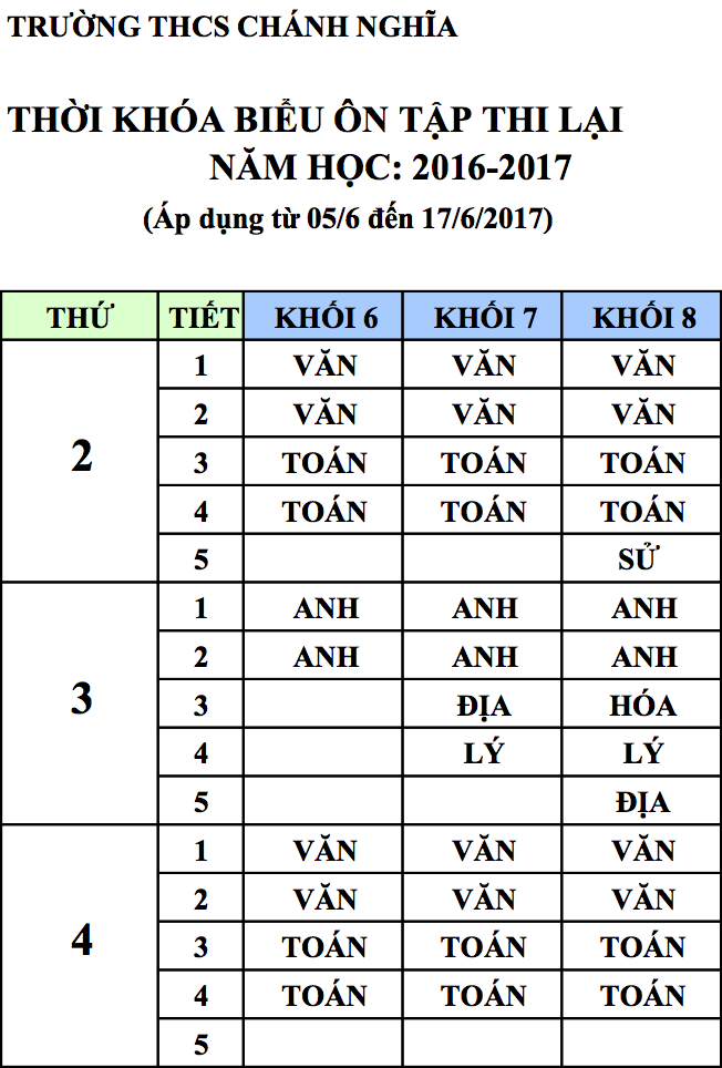 Lịch ôn tập và thi lại 2016-2017