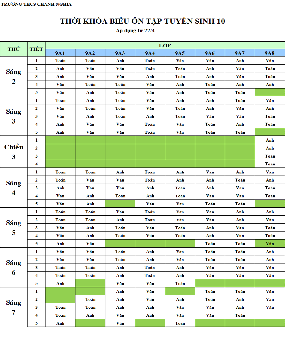 Thời khóa biểu Khối 9